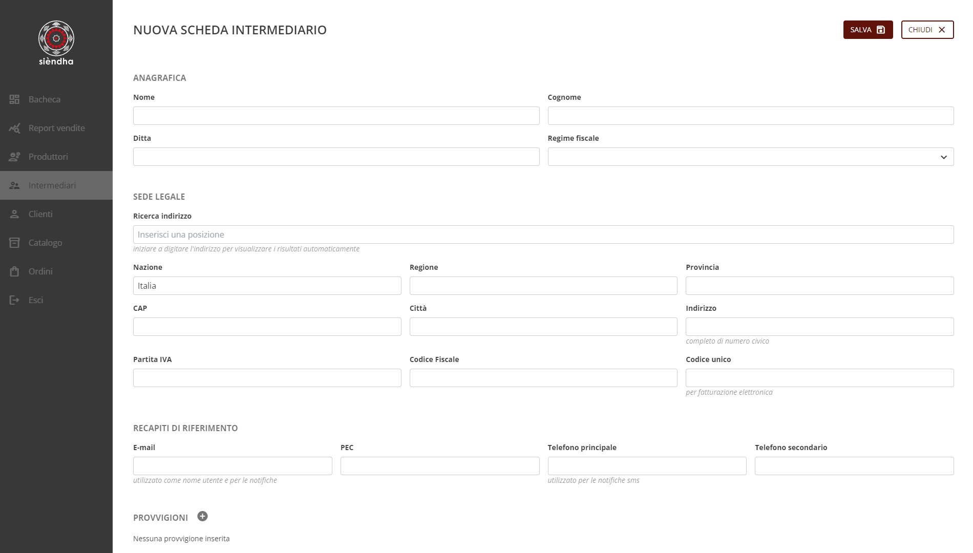 Scheda di inserimento e modifica intermediario Scheda di inserimento e modifica intermediario